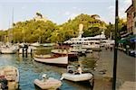 Bateaux dans un port, Riviera italienne, Portofino, Gênes, Ligurie, Italie