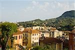 Vue d'angle élevé des bâtiments dans une ville de la Riviera italienne, Santa Margherita Ligure, Gênes, Ligurie, Italie