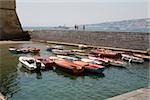 Boats docked at a harbor, Borgo Marinaro, Castel Dell'ovo, Bay of Naples, Naples, Naples Province, Campania, Italy