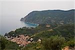 Vue grand angle d'une ville au bord de la mer, mer Ligure, Riviera italienne, Monterosso al Mare, Cinque Terre, La Spezia, Ligurie, Italie