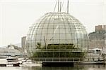 Building at a harbor, Porto Antico, La sfera dell'acquario, Genoa, Liguria, Italy