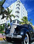 Close-up of 1950s classic American car outside the Park Central Hotel, Ocean Drive, Art Deco District, Miami Beach, South Beach, Miami, Florida, United States of America, North America