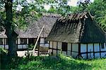 Thatched timber framed buildings and water well at the Hule Farm Village Museum, Funen, Denmark, Scandinavia, Europe