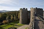 Walls walk west to Mill Gate towers entrance, with view of medieval walls, Conwy, Wales, United Kingdom, Euorpe