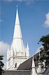 White steeple, pinnacles and roof of St. Andrews Anglican Cathedral, built in 1862 in Neo-Gothic style, Central area, Singapore, Southeast Asia, Asia