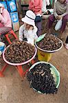Cooked crickets and spiders for eating in market, Cambodia, Indochina, Southeast Asia, Asia