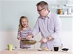 father and daughter making breakfast