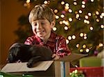 boy at christmas getting a puppy