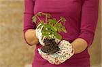 Woman holding trowel with seedling