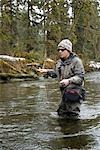 Fisherman Casts for Steelhead in Situk River  on a cool spring day in Southeast Alaska.
