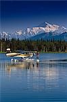 Homme sur hydravion AK plage lac Spin pêche été AK Mt McKinley Centre-sud de Southside