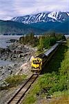 View of a train on the Alaska Railroad along Bird Point Southcentral Alaska during Summer