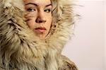 Portrait of Native Alaskan Inupiat Woman in Wolf Fur Coat in Studio Alaska