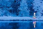 Decorated Christmas tree reflected in a stream with hoarfrost covered forest behind it during winter