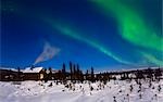 Northern lights in the sky above a moonlit cabin. White Mountain Recreation area during Winter in the Interior of Alaska.