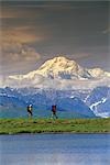 Hikers on Tundra in Denali State Park SC Alaska Summer w/Mt McKinley background