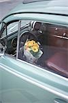 Flower bouquet in a car
