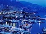 Looking out across the harbour of Monaco at dusk.