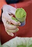 Woman holding pot of henna in spice souk,close up of hand,Marrakesh,Morocco