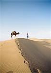 'Blue Man' (tribe of Saharan traders) with camel at dawn in dunes. Tinfou near Zagora,Morocco