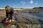 Boy scooping water in bucket,Isles of Scilly,UK