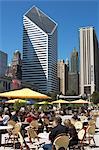 Cafe tables outside Park Grill restaurant in Millenium Park,Chicago,Illinois,USA