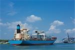 Container Ship Entering the Port of Miami Through Government Cut, Florida, USA