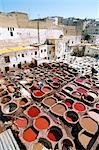 Elevated view over vats of dye, the tanneries, Fez, Morocco, North Africa, Africa