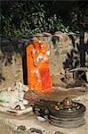 Outdoor Hindu shrine to Hanuman, the monkey god, Ahilya Fort, Maheshwar, Madhya Pradesh state, India, Asia