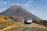 Tourists and the volcano of Pico de Fogo in the background, Fogo (Fire), Cape Verde Islands, Africa