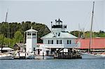 Typical historic lighthouse rescued and brought to the Chesapeake Bay Maritime Museum, St. Michaels, Talbot County, Miles River, Chesapeake Bay area, Maryland, United States of America, North America