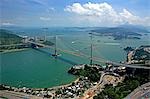 Luftaufnahme mit Blick auf Tsing Ma Bridge, Hong Kong