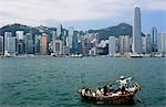 Hong Kong skyline with a fishing boat in the harbour,Hong Kong