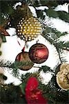 Christmas ornaments hanging from branches of Christmas tree