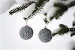 Silver Christmas ornaments hanging from snow-covered evergreen branches