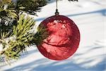 Red Christmas ornament hanging from evergreen branch, snow in background