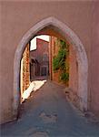 Pink arch over a narrow empty street in the village of Roussillon, Vaucluse, Provence, France, Europe