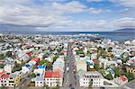 Stadtzentrum und Faxafloi Bucht von Hallgrimskirkja, Reykjavik, Island, Polarregionen