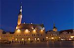 Old Town Hall in Old Town Square at night, Old town, UNESCO World Heritage Site, Tallinn, Estonia, Baltic States, Europe