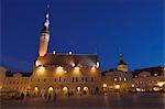 Old Town Hall in Old Town Square at night, Old town, UNESCO World Heritage Site, Tallinn, Estonia, Baltic States, Europe