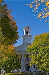 Autumn colours around traditional white Windham County Court House, Newfane, Vermont, New England, United States of America, North America