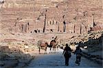 Chameaux devant rock cut tombes au site archéologique nabatéen, Petra, patrimoine mondial de l'UNESCO, Jordanie, Moyen-Orient