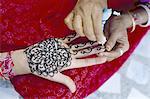 Henna designs being applied to a woman's hand, Rajasthan state, India, Asia