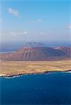 Aerial view of La Graciosa Island volcanoes from El Mirador del Rio, Lanzarote, Canary Islands, Spain, Atlantic, Europe