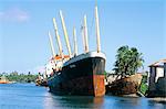 Wrecked boat after Cyclone Marylin in 1995,Cote de Roseau,island of Dominica,West Indies,Central America