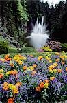 Bed of purple orange and yellow flowers with artificial fountain behind in lake