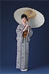 Woman in Kimono Standing Holding Parasol