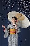 Woman in Kimono Standing Holding Parasol