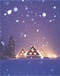 Rétro éclairé maison ancienne de Style Japonais dans la neige