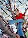 Young girls in cherry blossom tree